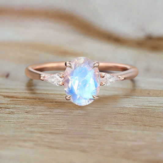 Oval Shape Moonstone Ring Vintage Engagement Ring 18K Rose Gold Moonstone Ring Unique Wedding Bridal Ring Anniversary Gift Ring