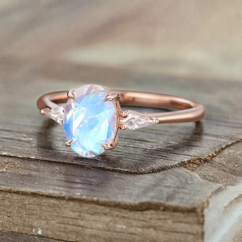 Oval Shape Moonstone Ring Vintage Engagement Ring 18K Rose Gold Moonstone Ring Unique Wedding Bridal Ring Anniversary Gift Ring