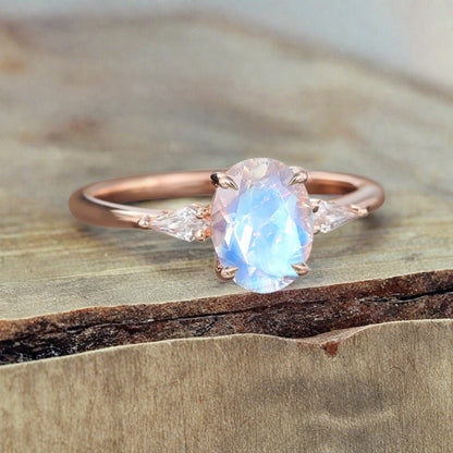 Oval Shape Moonstone Ring Vintage Engagement Ring 18K Rose Gold Moonstone Ring Unique Wedding Bridal Ring Anniversary Gift Ring