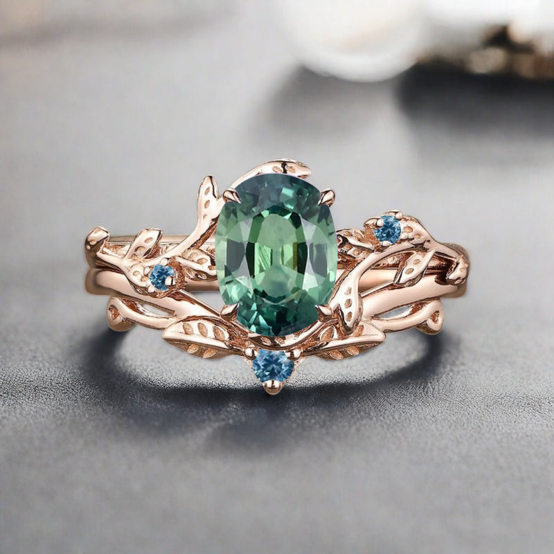 Vintage Oval Cut Tsavorite Engagement Leaf Ring Set Unique Wedding Ring Set Art Deco Bridal Ring Set Stackable Ring