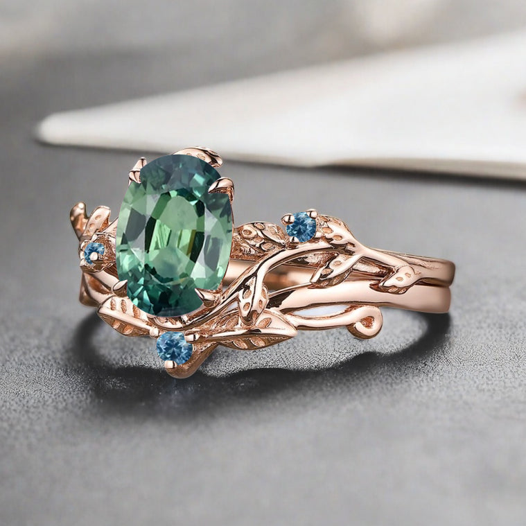 Vintage Oval Cut Tsavorite Engagement Leaf Ring Set Unique Wedding Ring Set Art Deco Bridal Ring Set Stackable Ring