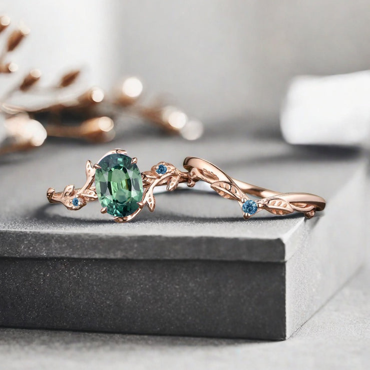Vintage Oval Cut Tsavorite Engagement Leaf Ring Set Unique Wedding Ring Set Art Deco Bridal Ring Set Stackable Ring