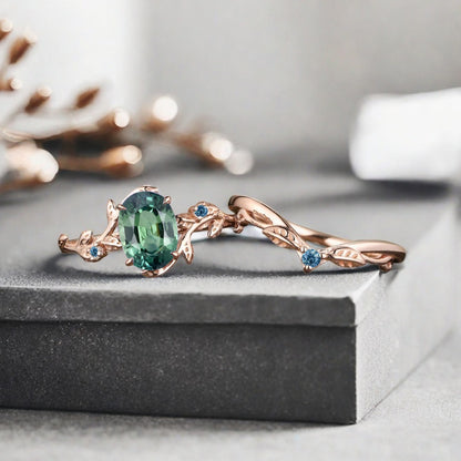 Vintage Oval Cut Tsavorite Engagement Leaf Ring Set Unique Wedding Ring Set Art Deco Bridal Ring Set Stackable Ring