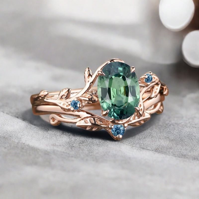 Vintage Oval Cut Tsavorite Engagement Leaf Ring Set Unique Wedding Ring Set Art Deco Bridal Ring Set Stackable Ring
