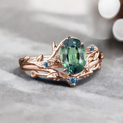 Vintage Oval Cut Tsavorite Engagement Leaf Ring Set Unique Wedding Ring Set Art Deco Bridal Ring Set Stackable Ring