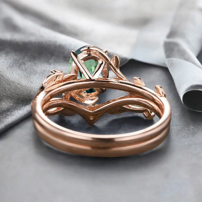 Vintage Oval Cut Tsavorite Engagement Leaf Ring Set Unique Wedding Ring Set Art Deco Bridal Ring Set Stackable Ring