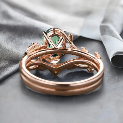 Vintage Oval Cut Tsavorite Engagement Leaf Ring Set Unique Wedding Ring Set Art Deco Bridal Ring Set Stackable Ring