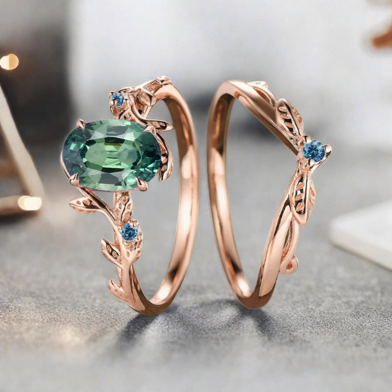 Vintage Oval Cut Tsavorite Engagement Leaf Ring Set Unique Wedding Ring Set Art Deco Bridal Ring Set Stackable Ring