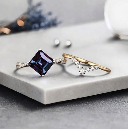 Vintage Princess Cut Ring, Alexandrite Engagement Ring, Sterling Silver Ring, Handmade 18K Gold Art Deco Promise Ring