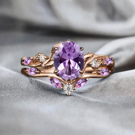 Vintage Oval Cut Amethyst Engagement Amethyst Ring Set Art Deco Bridal Ring Set Stackable Ring