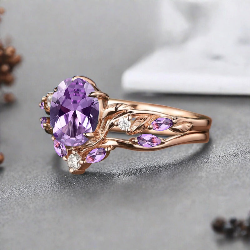 Vintage Oval Cut Amethyst Engagement Amethyst Ring Set Art Deco Bridal Ring Set Stackable Ring