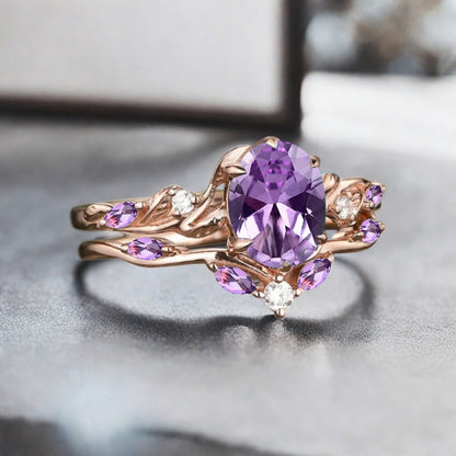 Vintage Oval Cut Amethyst Engagement Amethyst Ring Set Art Deco Bridal Ring Set Stackable Ring