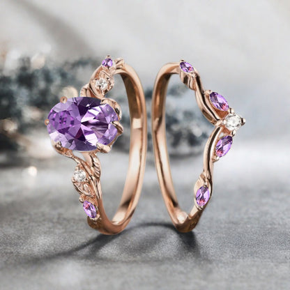 Vintage Oval Cut Amethyst Engagement Amethyst Ring Set Art Deco Bridal Ring Set Stackable Ring