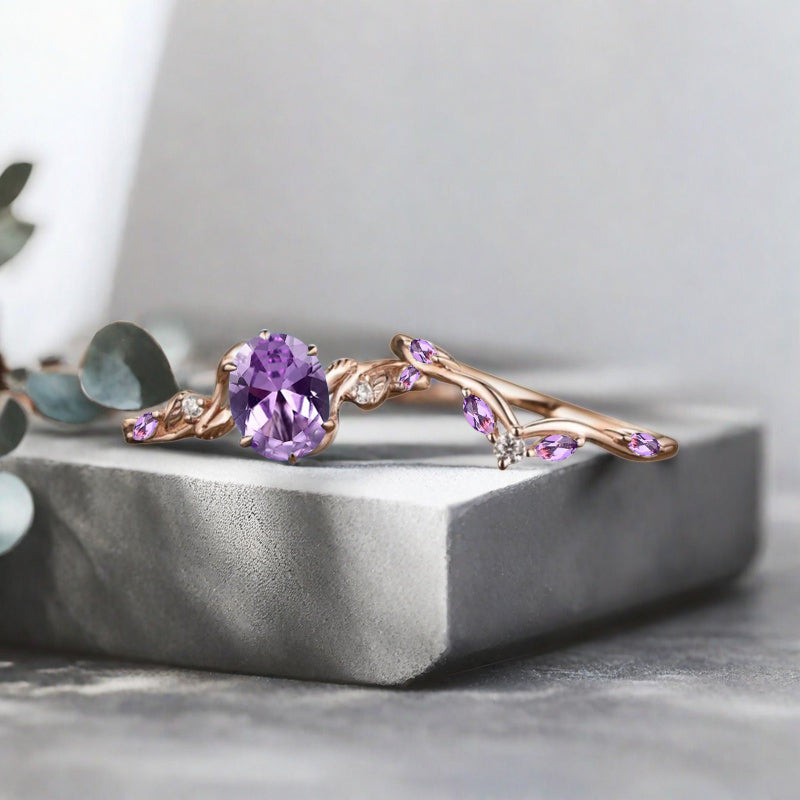 Vintage Oval Cut Amethyst Engagement Amethyst Ring Set Art Deco Bridal Ring Set Stackable Ring