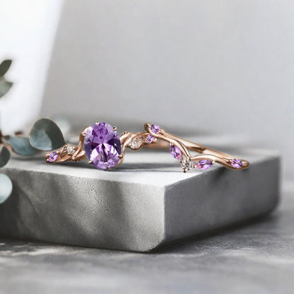 Vintage Oval Cut Amethyst Engagement Amethyst Ring Set Art Deco Bridal Ring Set Stackable Ring