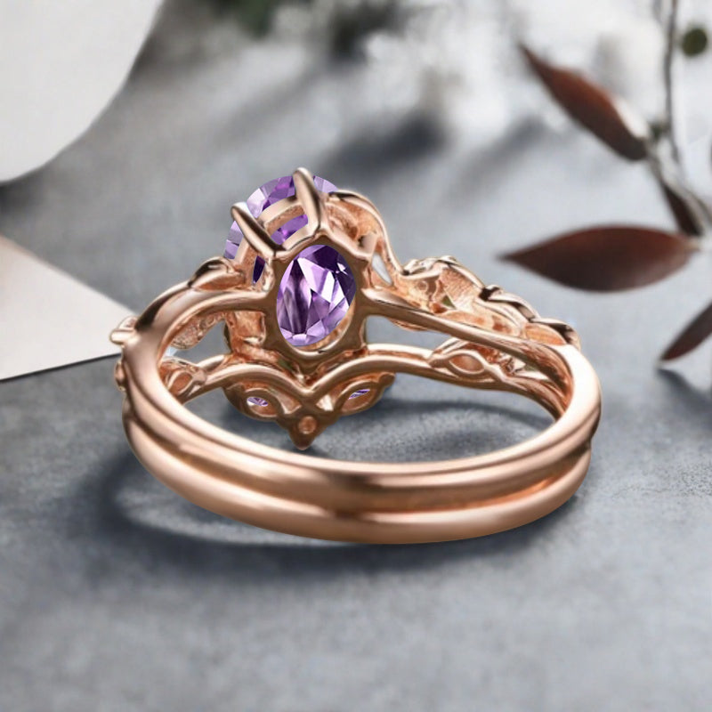 Vintage Oval Cut Amethyst Engagement Amethyst Ring Set Art Deco Bridal Ring Set Stackable Ring