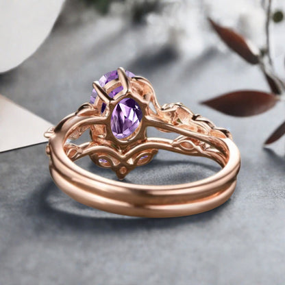 Vintage Oval Cut Amethyst Engagement Amethyst Ring Set Art Deco Bridal Ring Set Stackable Ring