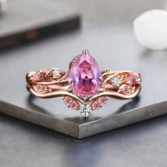 Vintage Pear Shape Pink Sapphire Engagement Ring Set Unique Pink Sapphire Gemstone Promise Bridal Ring Set Anniversary Gift