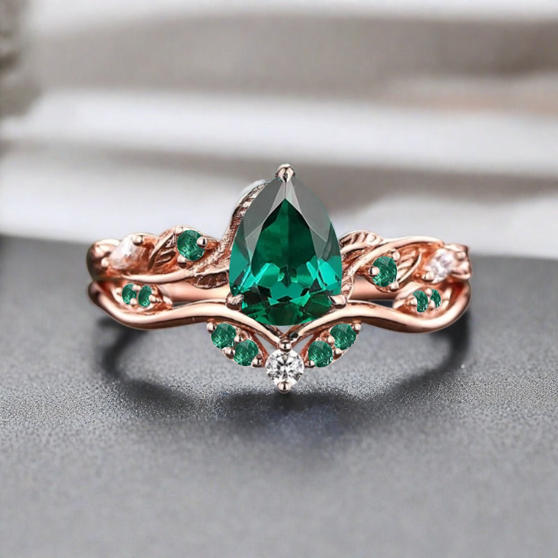 Vintage Pear Shape Emerald Engagement Ring Set Unique Emerald Gemstone Promise Bridal Ring Set Anniversary Gift