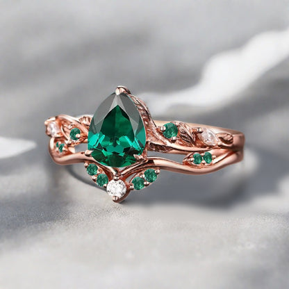 Vintage Pear Shape Emerald Engagement Ring Set Unique Emerald Gemstone Promise Bridal Ring Set Anniversary Gift