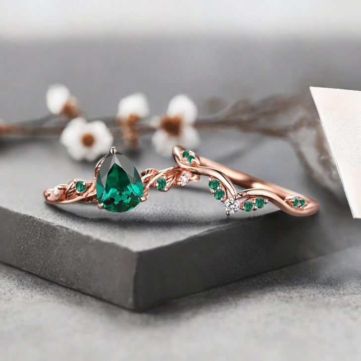 Vintage Pear Shape Emerald Engagement Ring Set Unique Emerald Gemstone Promise Bridal Ring Set Anniversary Gift