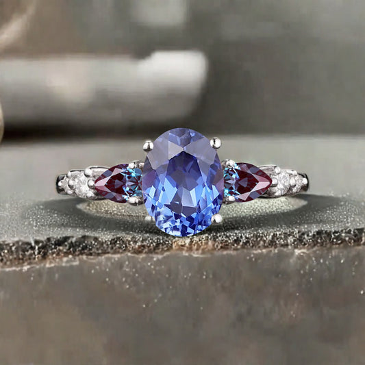 Vintage Oval Blue Topaz Engagement Ring Unique Alexandrite Sidestones Oval Gemstone Promise Ring