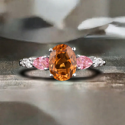 Vintage Oval Citrine Engagement Ring Unique Pink Sapphire Sidestones Oval Gemstone Promise Ring
