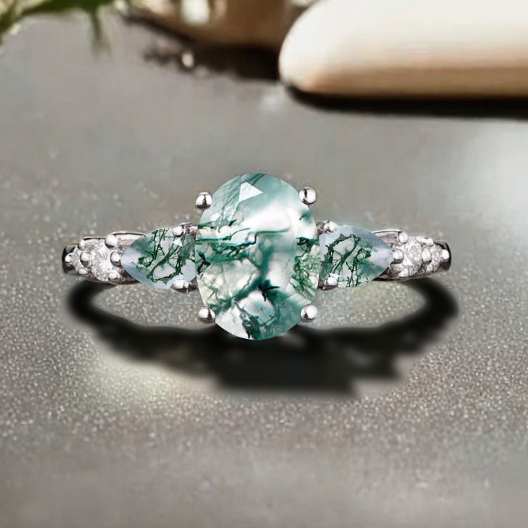 Bague de fiançailles vintage ovale en pierre de lune, bague de promesse unique en opale et moissanite
