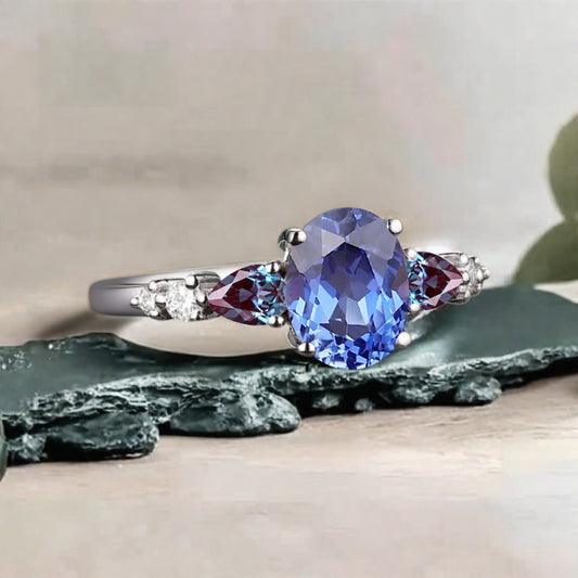 Vintage Oval Blue Topaz Engagement Ring Unique Alexandrite Sidestones Oval Gemstone Promise Ring