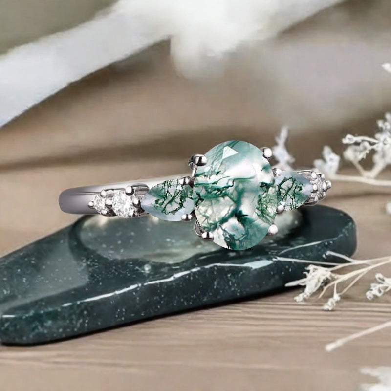 Bague de fiançailles vintage ovale en pierre de lune, bague de promesse unique en opale et moissanite