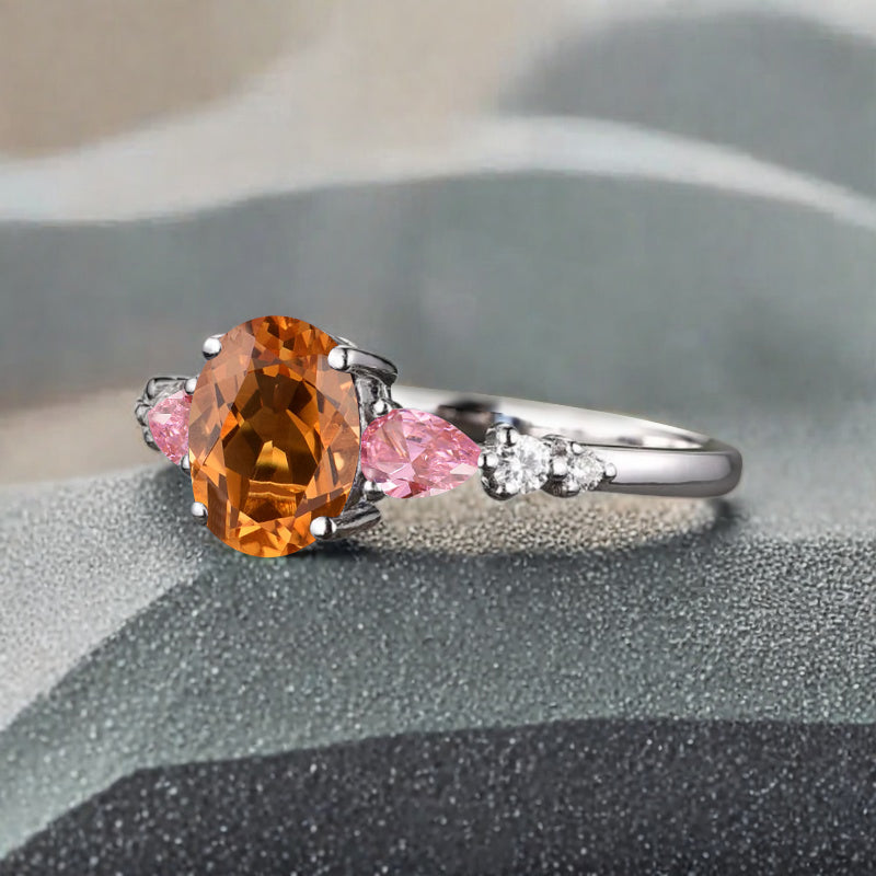 Vintage Oval Citrine Engagement Ring Unique Pink Sapphire Sidestones Oval Gemstone Promise Ring