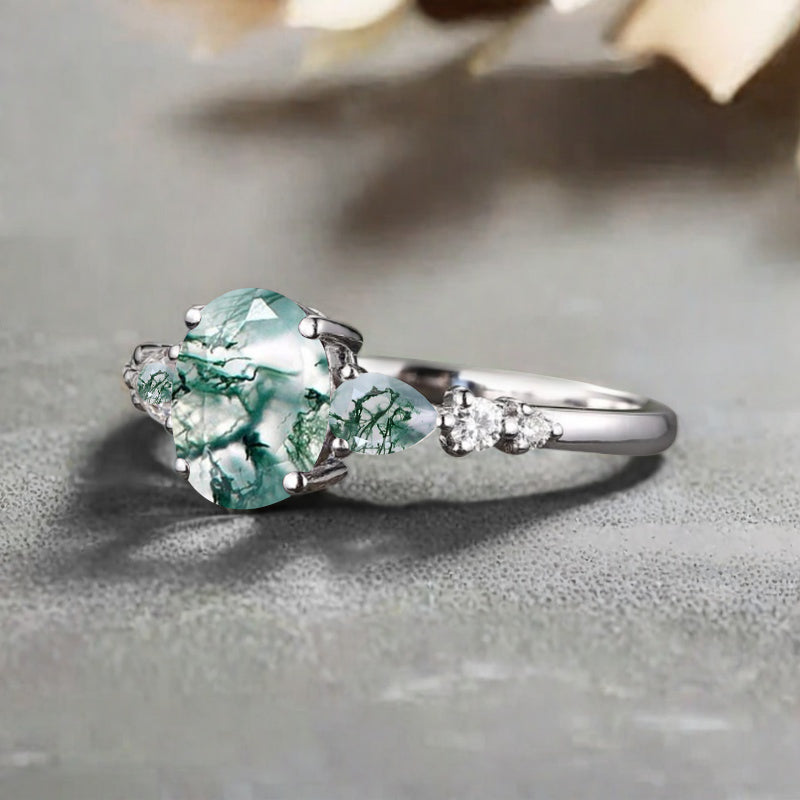 Bague de fiançailles vintage ovale en pierre de lune, bague de promesse unique en opale et moissanite