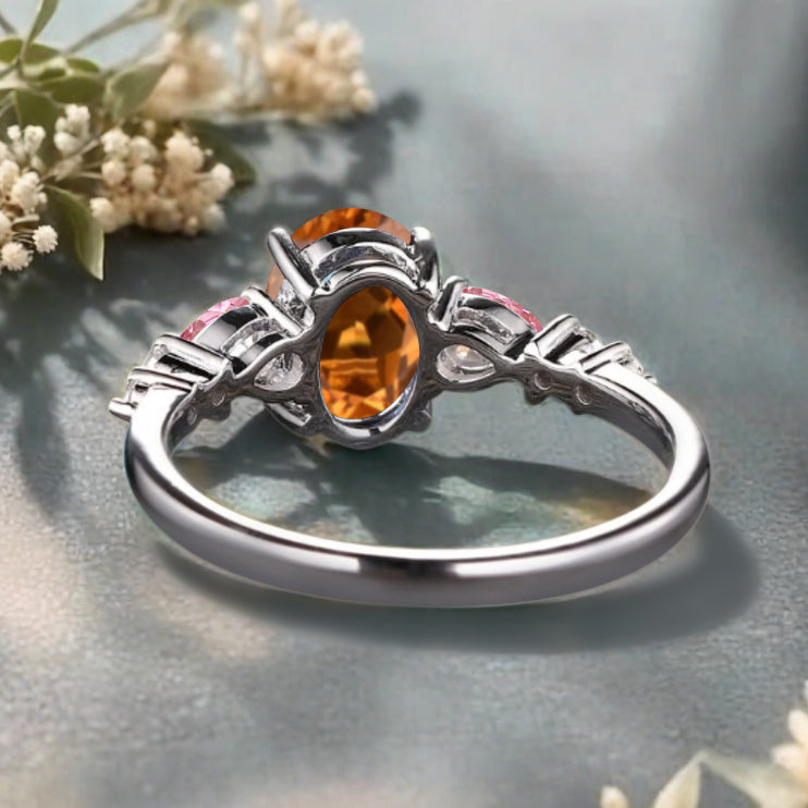 Vintage Oval Citrine Engagement Ring Unique Pink Sapphire Sidestones Oval Gemstone Promise Ring