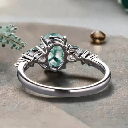Bague de fiançailles vintage ovale en pierre de lune, bague de promesse unique en opale et moissanite