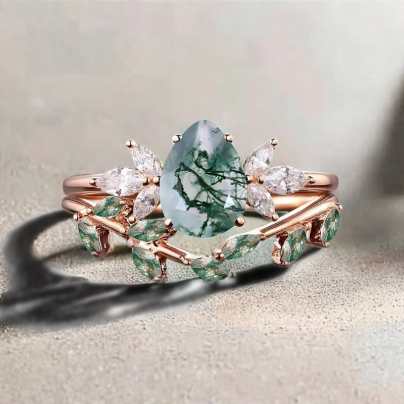 Vintage Pear Shape Moss Agate Enhancer Ring Set Unique Moissanite Gemstone Promise Bridal Ring Set