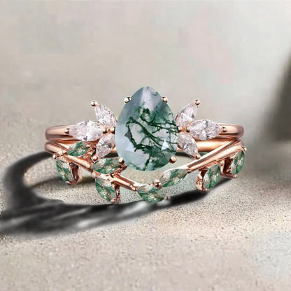 Vintage Pear Shape Moss Agate Enhancer Ring Set Unique Moissanite Gemstone Promise Bridal Ring Set