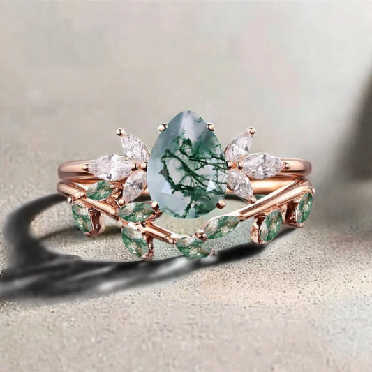 Vintage Pear Shape Moss Agate Enhancer Ring Set Unique Moissanite Gemstone Promise Bridal Ring Set