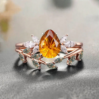 Vintage Pear Shape Citrine Enhancer Ring Set Unique Moissanite Gemstone Promise Bridal Ring Set