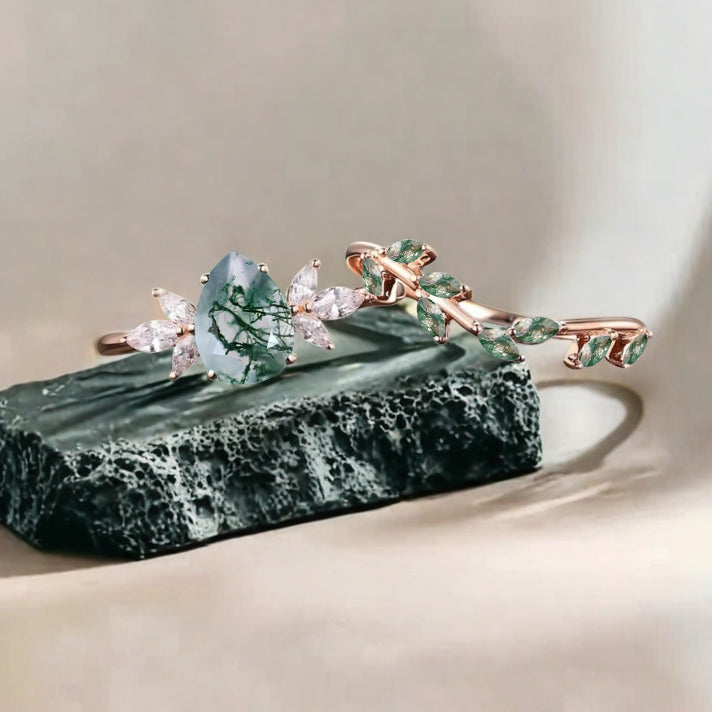 Vintage Pear Shape Moss Agate Enhancer Ring Set Unique Moissanite Gemstone Promise Bridal Ring Set