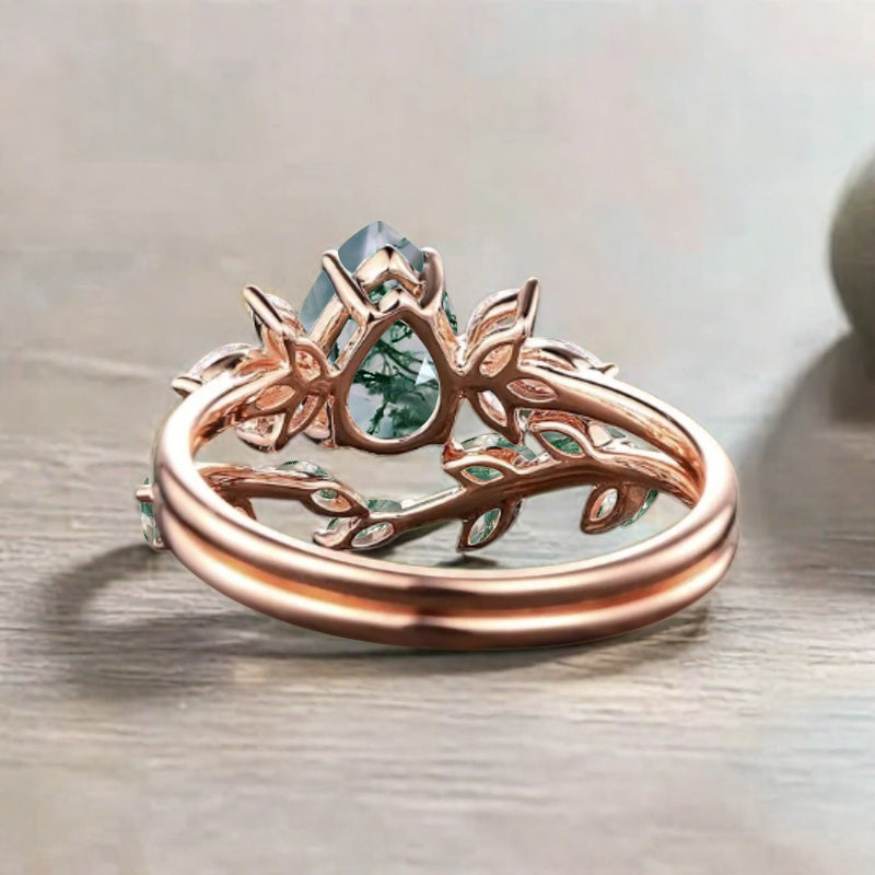 Vintage Pear Shape Moss Agate Enhancer Ring Set Unique Moissanite Gemstone Promise Bridal Ring Set