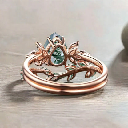 Vintage Pear Shape Moss Agate Enhancer Ring Set Unique Moissanite Gemstone Promise Bridal Ring Set
