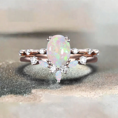 Vintage Oval Shape Opal Enhancer Ring Set Unique Opal Gemstone Promise Bridal Ring Set