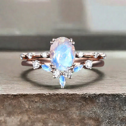 Vintage Oval Shape Moonstone Enhancer Ring Set Unique Moon Gemstone Promise Bridal Ring Set