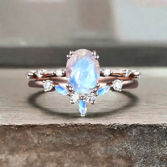 Vintage Oval Shape Moonstone Enhancer Ring Set Unique Moon Gemstone Promise Bridal Ring Set