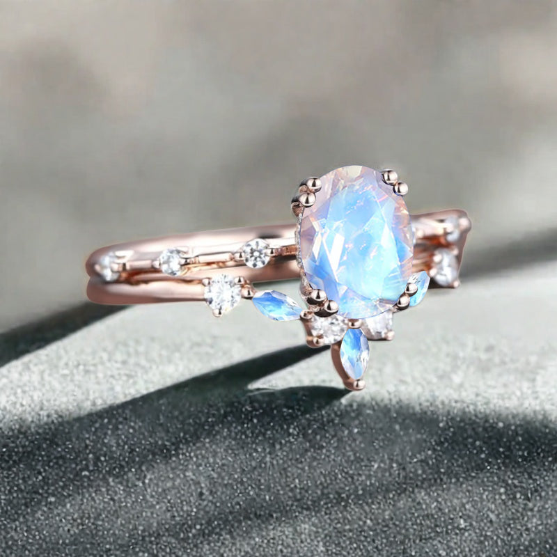 Vintage Oval Shape Moonstone Enhancer Ring Set Unique Moon Gemstone Promise Bridal Ring Set