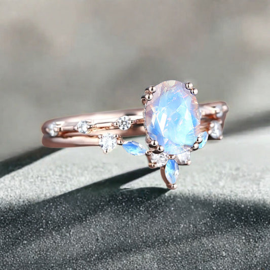 Vintage Oval Shape Moonstone Enhancer Ring Set Unique Moon Gemstone Promise Bridal Ring Set