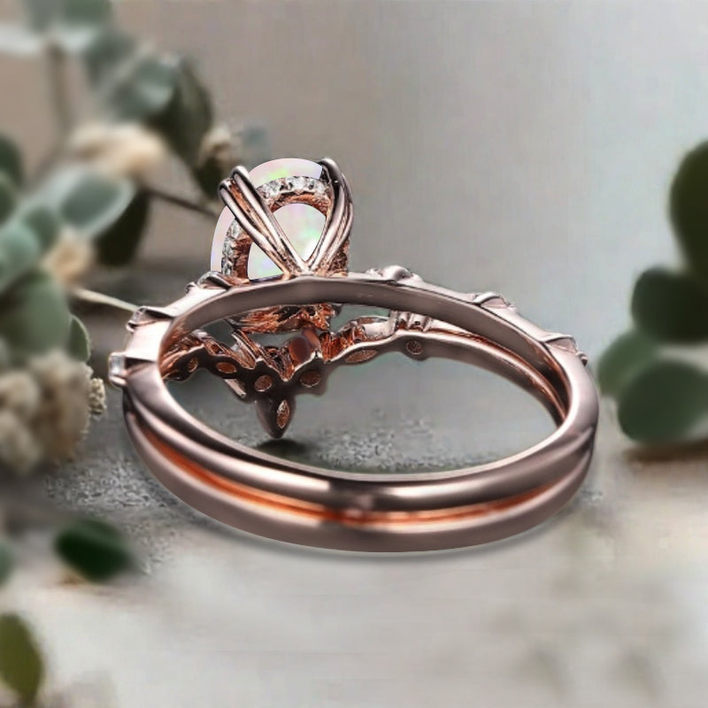 Vintage Oval Shape Opal Enhancer Ring Set Unique Opal Gemstone Promise Bridal Ring Set