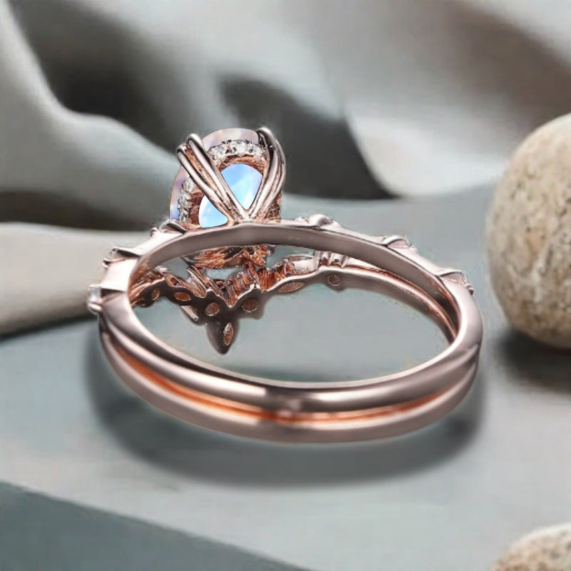 Vintage Oval Shape Moonstone Enhancer Ring Set Unique Moon Gemstone Promise Bridal Ring Set