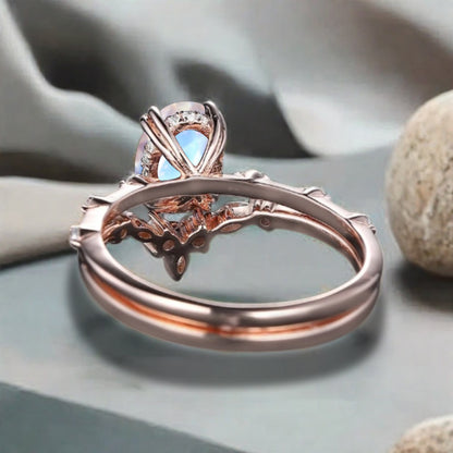 Vintage Oval Shape Moonstone Enhancer Ring Set Unique Moon Gemstone Promise Bridal Ring Set