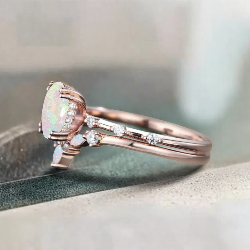 Vintage Oval Shape Opal Enhancer Ring Set Unique Opal Gemstone Promise Bridal Ring Set